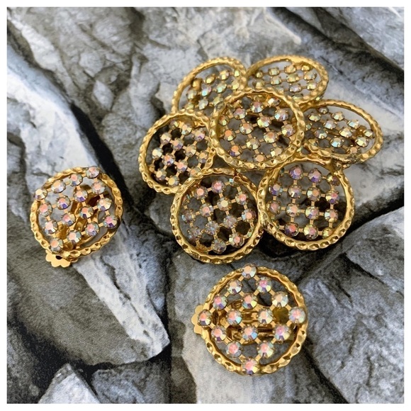 Vintage Figural Flower Art Glass Aurora Borealis Gold Brooch Pin Clip Earrings - Picture 6 of 7